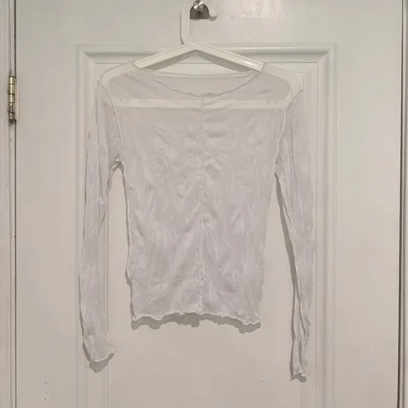 Urban Outfitters Classic Sheer White Long-Sleeve Shirt with Scalloped Hem - Picture 1 of 2